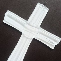 Skleněný kříž na stěnu bílý vrstvený malý