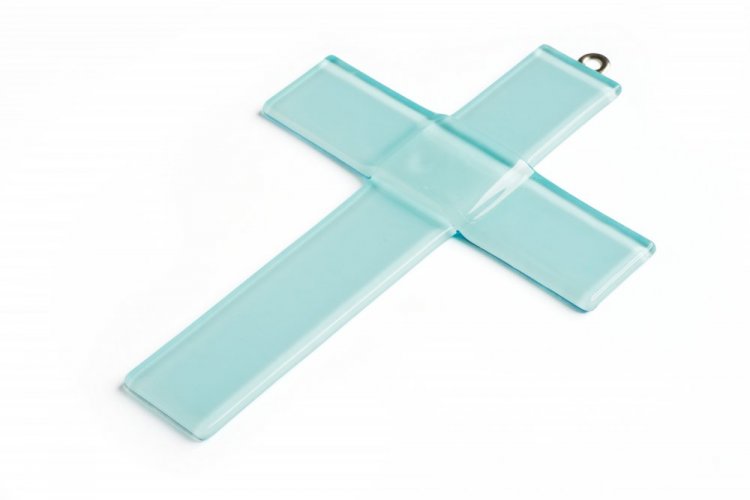 Skleněný kříž na křtiny pastelový modrý