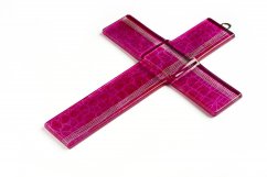 Deep pink glass wall cross - with lines