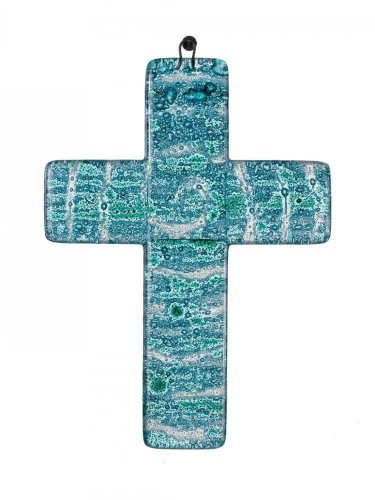 Sklenený kríž na stenu tyrkysový malý - spirála