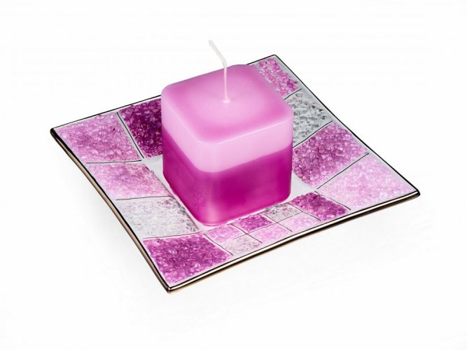 Świecznik szklany różowy CORAL KARO ze świecą zapachową