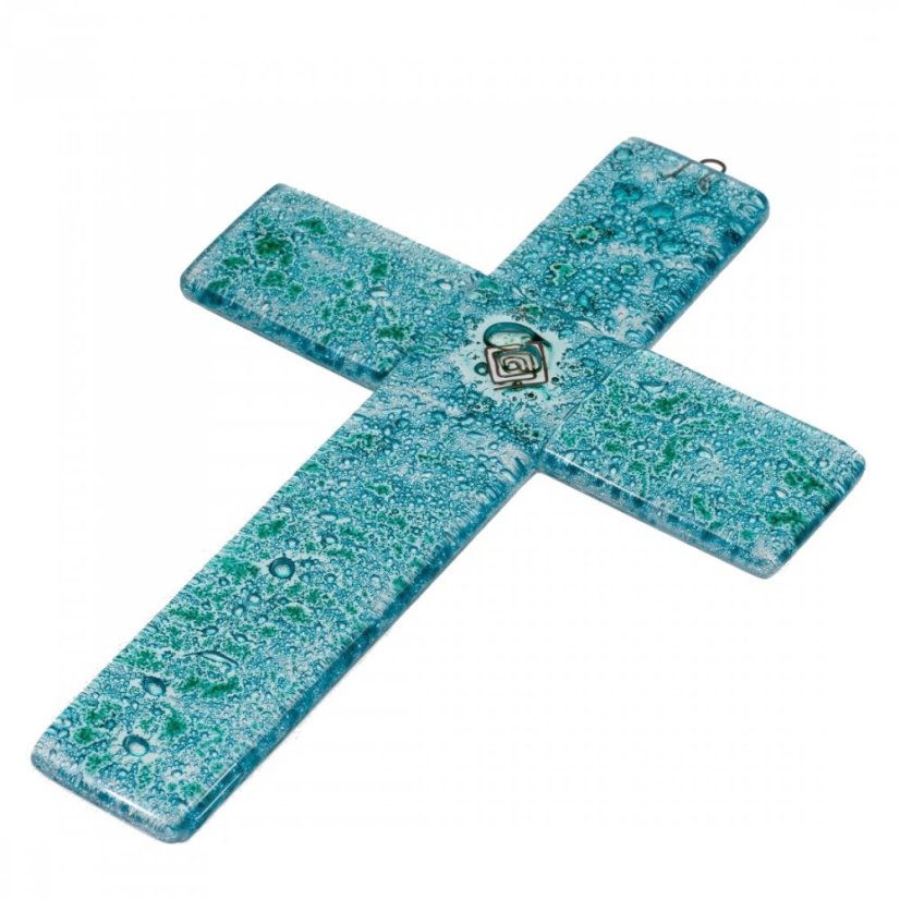 Skleněný kříž na stěnu tyrkysový – se spirálou