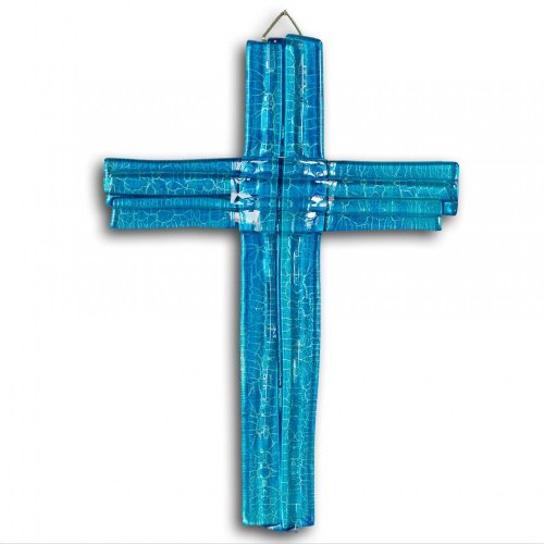 Sklenený kríž na stenu modrý vrstvený malý