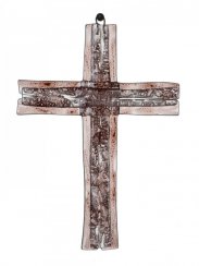 Szklany krzyż na ścianę brązowy ze szkła warstwowego mały