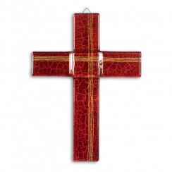 Skleněný kříž na stěnu rubínový – s linkami malý