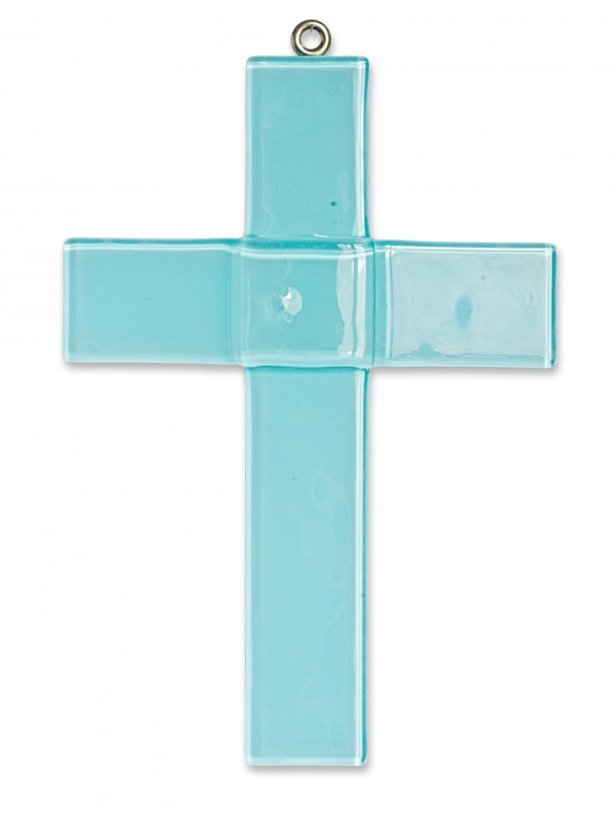 Glass christening cross pale blue