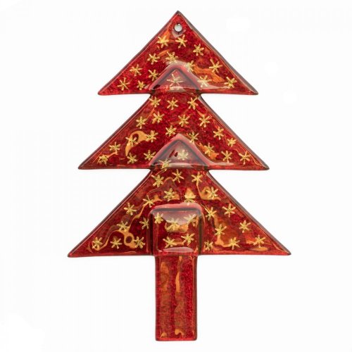 Vánoční skleněná ozdoba stromek červený - hvězdičky