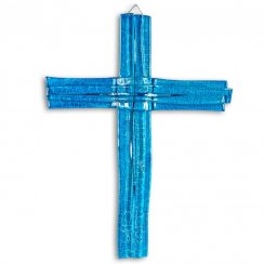 Szklany krzyż na ścianę niebieski ze szkła warstwowego