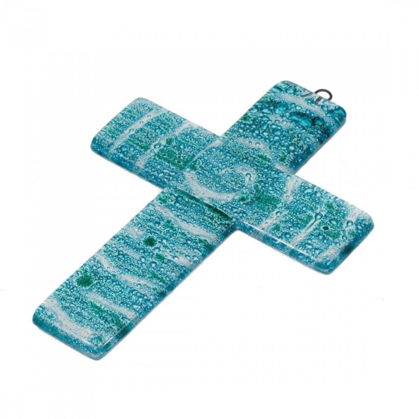 Sklenený kríž na stenu tyrkysový malý - spirála
