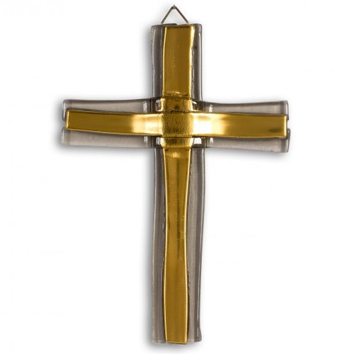 Sklenený kríž na stenu zlatý vrstvený malý