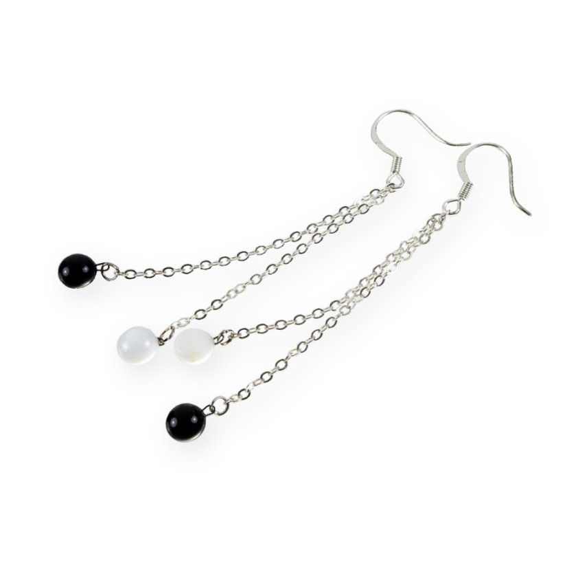 Skleněné náušnice černobílé na řetízku LENORE - DOTS N1710
