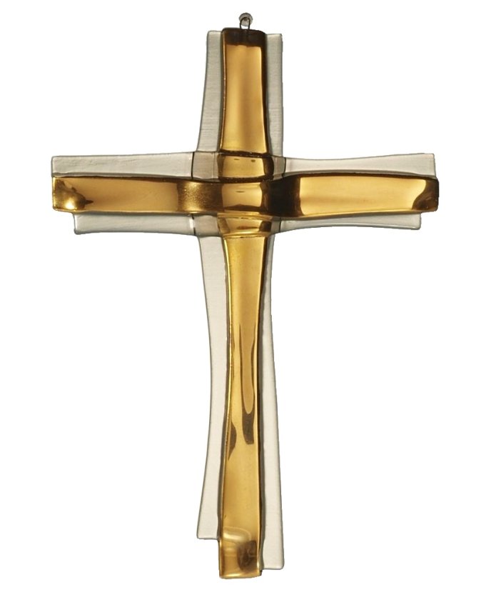 Elegancki, artystyczny krzyż ścienny WAGA, pozłacany, ze szkła