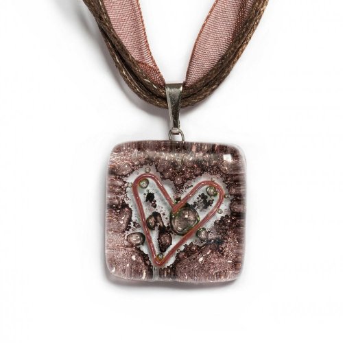 Glass pendant with heart, square brown TERRA P0207