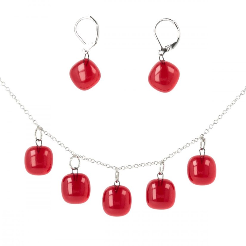 WAGA - Red set of glass jewelry DOTS necklace + earrings SOU0904