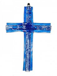 Szklany krzyż na ścianę ciemnoniebieski ze szkła warstwowego mały