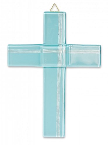 Glass christening cross pale blue - with lines