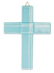 Glass christening cross pale blue - with lines small