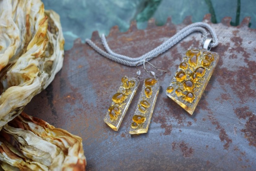 WAGA - Luksusowy komplet biżuterii szklanej JANTAR naszyjnik + kolczyki SOU0911