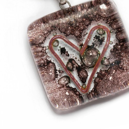 Glass pendant with heart, square brown TERRA P0207
