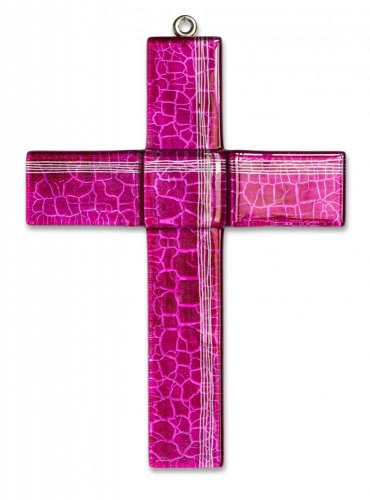 Deep pink glass wall cross - with lines