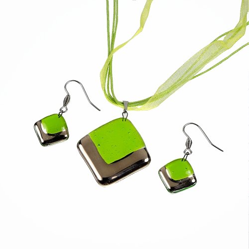 Komplet biżuterii szklanej PLATINUM zielony - 1402