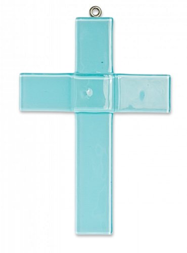 Skleněný kříž na křtiny pastelový modrý