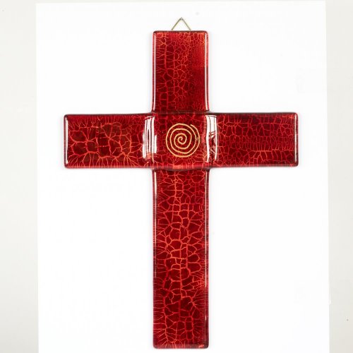 Sklenený kríž na stenu rubínový - so špirálou