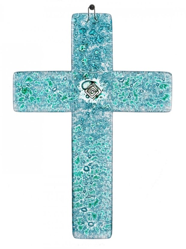 Skleněný kříž na stěnu tyrkysový – se spirálou