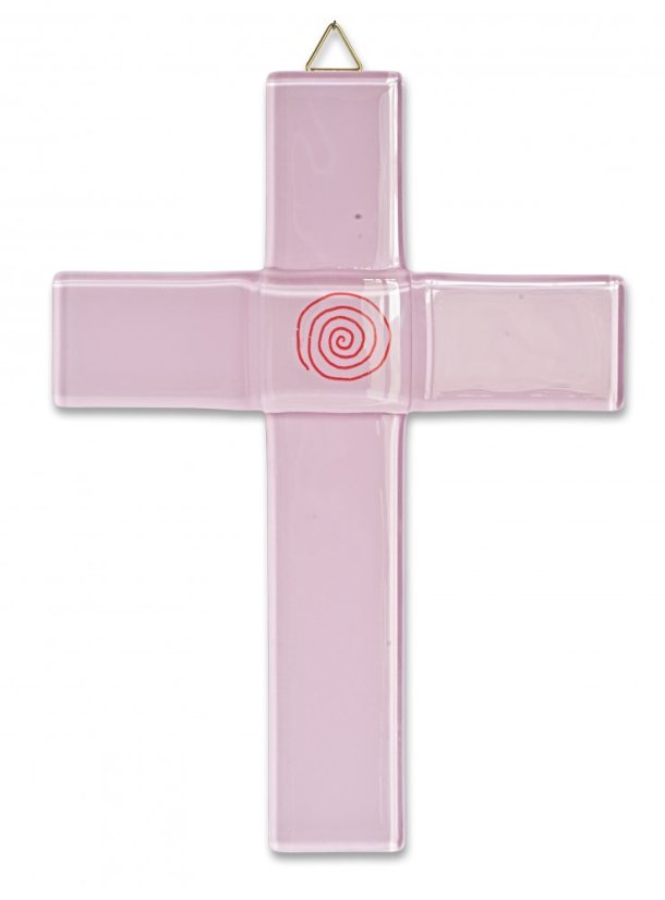 Szklany krzyż z okazji chrztu pastelowy różowy - ze spiralą