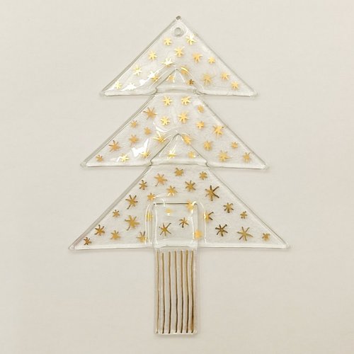 Vánoční skleněná ozdoba stromek čirý - zlaté hvězdičky