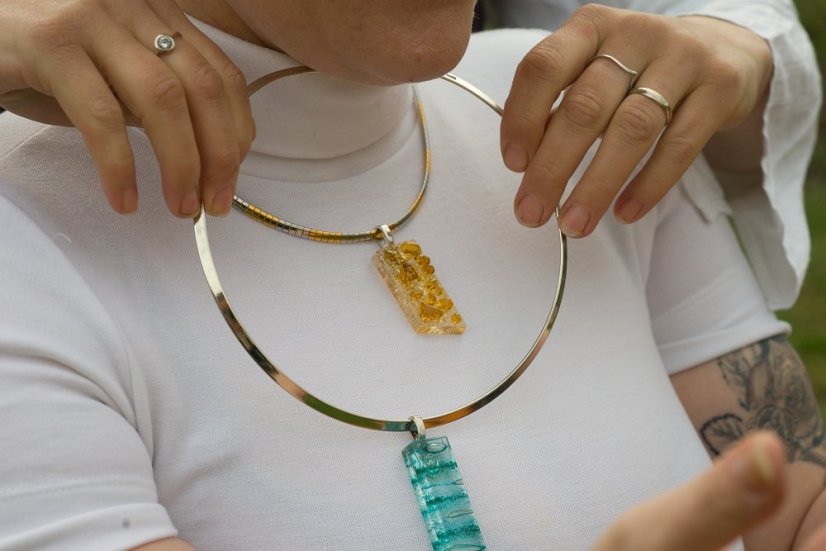 WAGA - Luksusowy komplet biżuterii szklanej JANTAR naszyjnik + kolczyki SOU0911