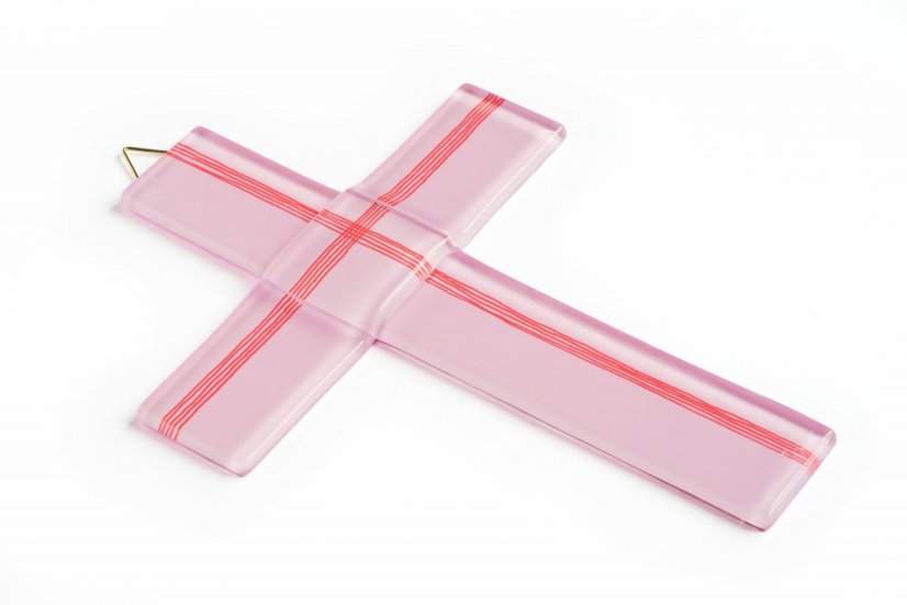Glass christening cross pale pink - with lines