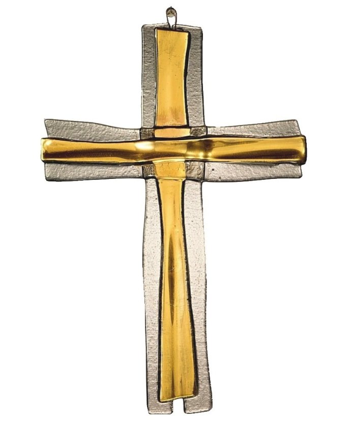 Elegancki, artystyczny krzyż ścienny WAGA, pozłacany, ze szkła