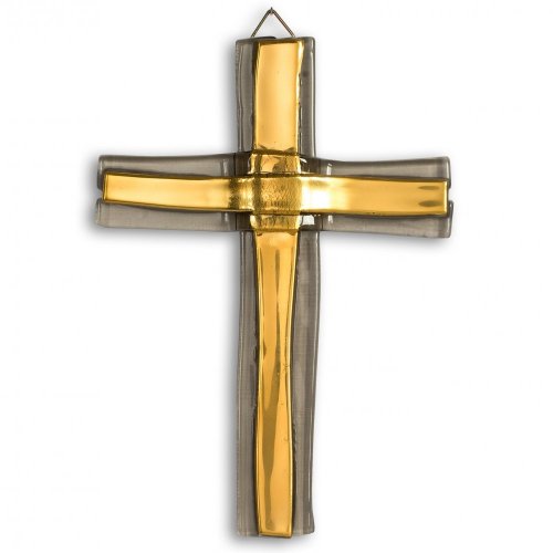 Skleněný kříž na stěnu zlatý vrstvený malý