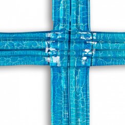 Szklany krzyż na ścianę niebieski ze szkła warstwowego mały