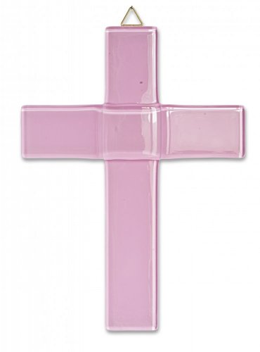Szklany krzyż z okazji chrztu pastelowy różowy