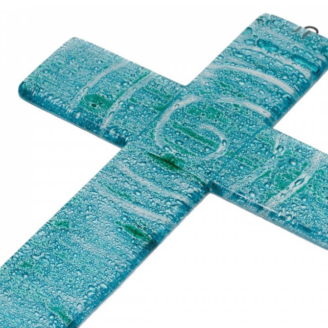 Szklany krzyż na ścianę turkusowy - spirala