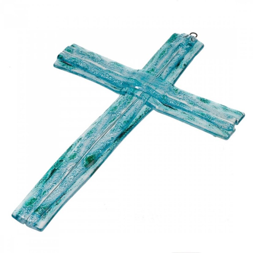 Sklenený kríž na stenu tyrkysový vrstvený