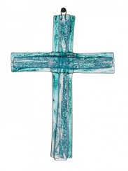 Sklenený kríž na stenu tyrkysový vrstvený malý