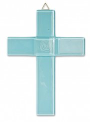 Skleněný kříž na křtiny pastelový modrý - se spirálou