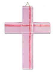 Glass christening cross pale pink - with lines small