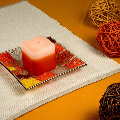 Sklenený svietnik CORAL KARO oranžový s vonnou sviečkou