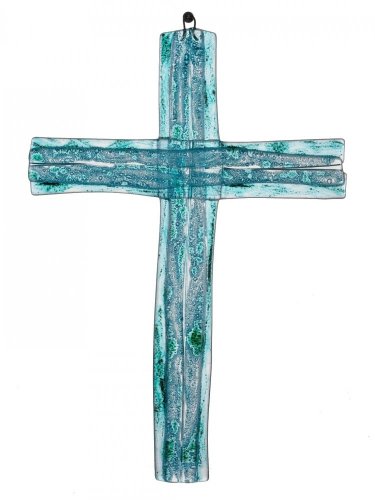 Skleněný kříž na stěnu tyrkysový vrstvený