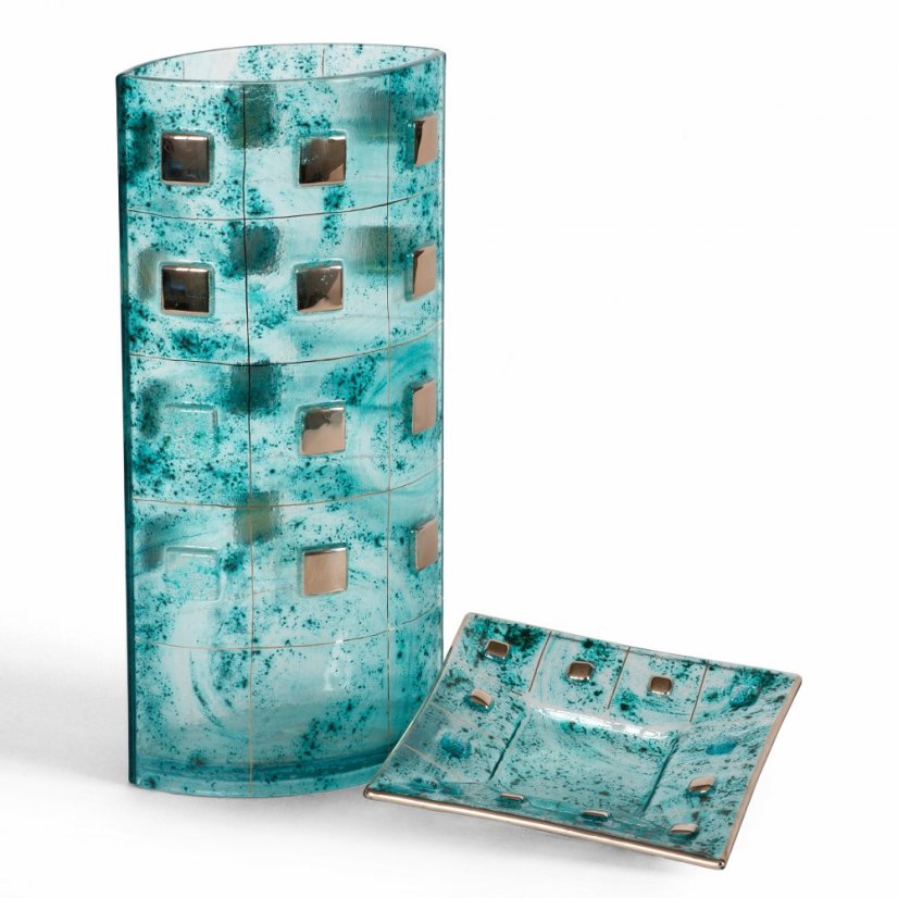 Turquoise glass vase MIRA with platinum