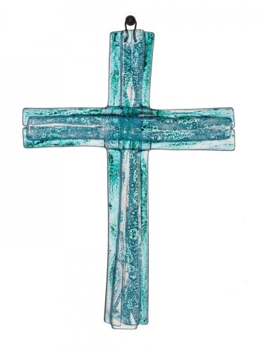 Sklenený kríž na stenu tyrkysový vrstvený malý