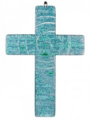 Skleněný kříž na stěnu tyrkysový – spirála
