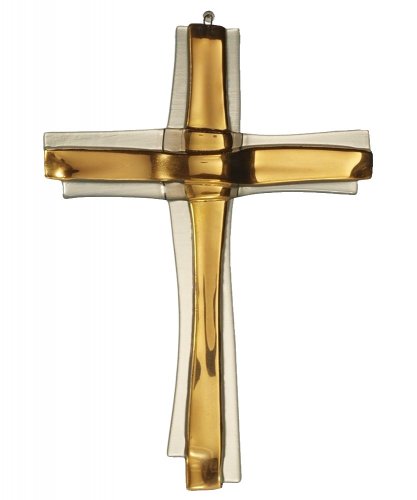 Skleněný kříž na stěnu zlatý vrstvený